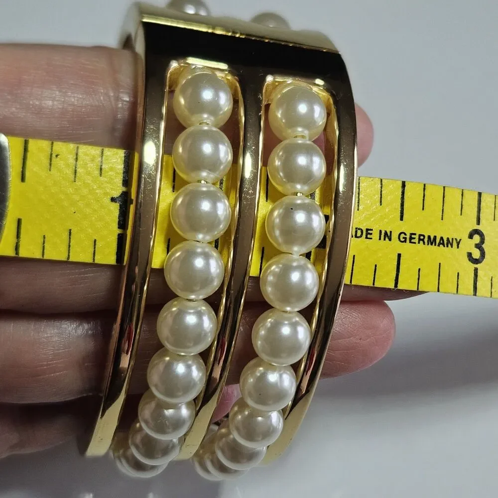 Gold Tone Cream Faux Pearl Double Layer Hinged Bangle Bracelet Approx 6.75